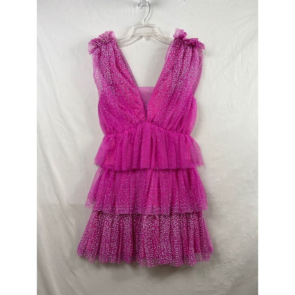 VICI Mini Dress Womens Medium Pink Glitter Tulle Tiered Ruffle V-Neck New Party